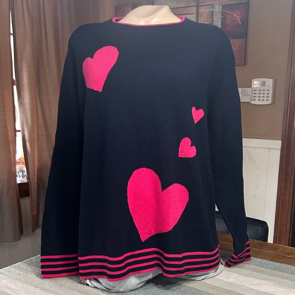 Talbots Petite Navy Sweater with Pink Heart Accents- Cotton Blend